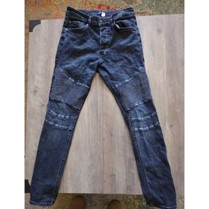 H & M Divided Jeans Men Sz 32 Blue Skinny Biker Motorcycle Ribbed Knees Detail